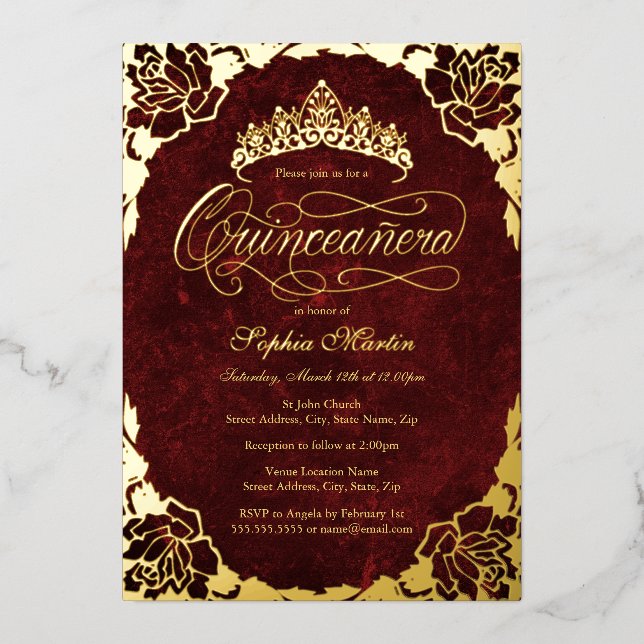 Royal Red Gold Elegant Rose Script Quinceanera  Foil Invitation (Front)