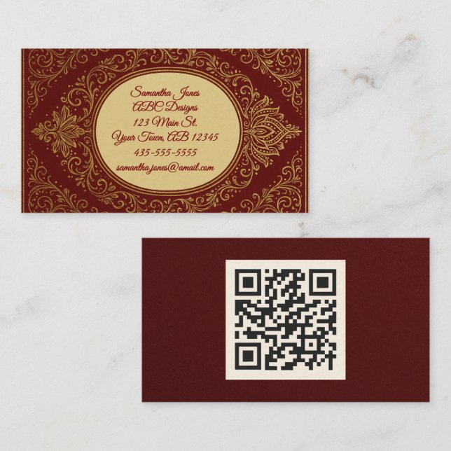 Royal Red & Gold Embossed QR Code Business Cards (Front/Back)