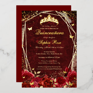 Royal Red Gold Floral Butterfly Tiara Quinceanera Foil Invitation