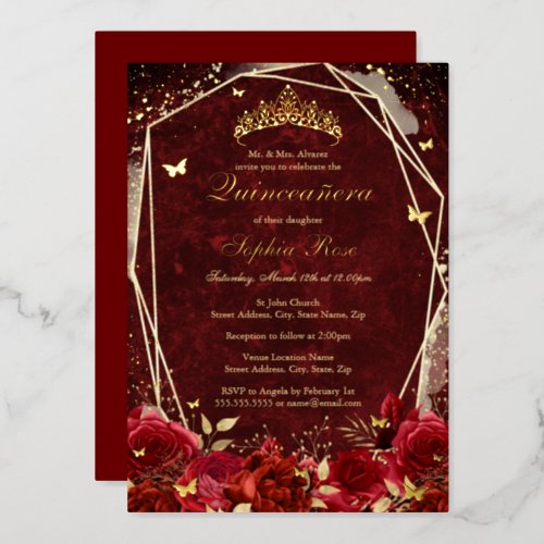 Royal Red Gold Floral Butterfly Tiara Quinceanera Foil Invitation