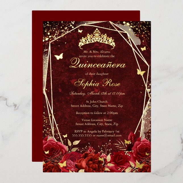 Royal Red Gold Floral Butterfly Tiara Quinceanera Foil Invitation (Front/Back)