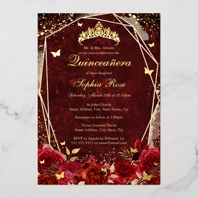 Royal Red Gold Floral Butterfly Tiara Quinceanera Foil Invitation (Front)