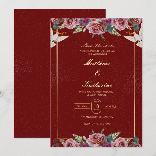 Royal Red & Gold Floral Dove Wedding Invite (Front/Back)