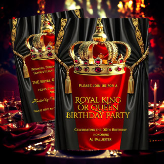 Royal Red Gold King Queen Crown Birthday Party Invitation