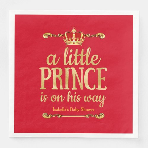 Royal Red Gold Prince On His Way Baby Shower Paper Dinner Napkins
