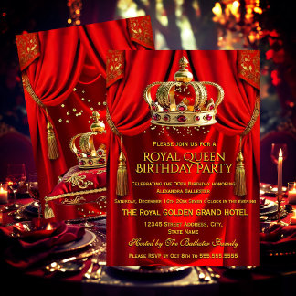 Royal Red Gold Queen Crown Birthday Party Invitation