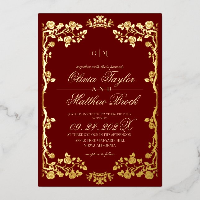 Royal Red Gold Rose Flowers The Wedding of Foil Invitation
