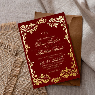 Royal Red Gold Rose Flowers The Wedding of Foil Invitation