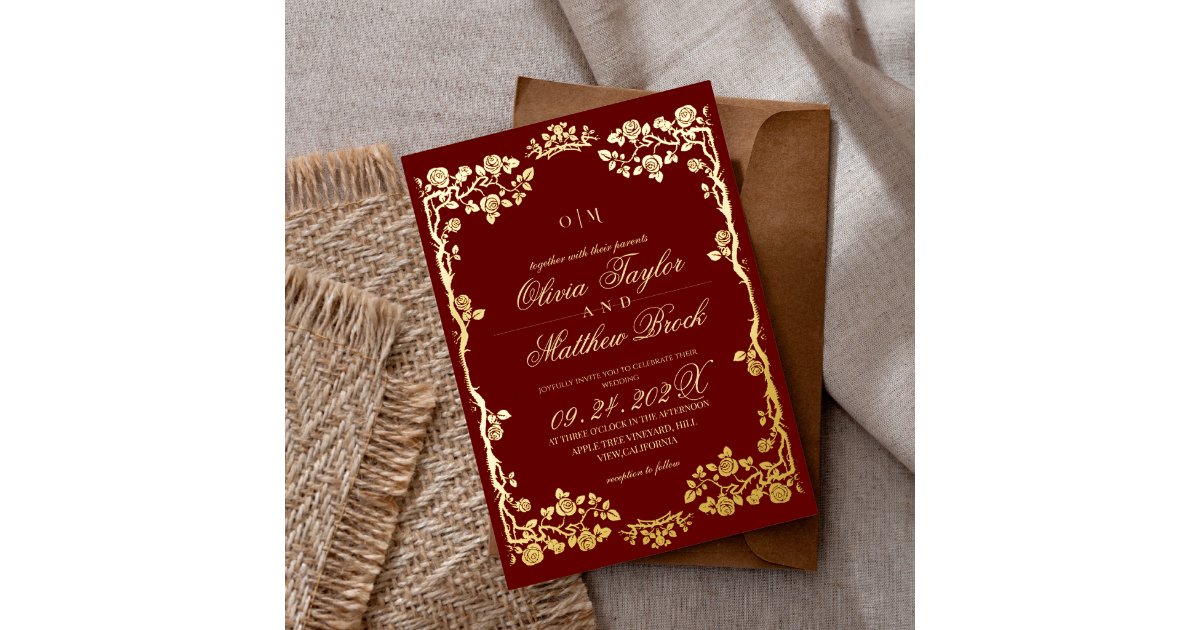 Royal Red Gold Rose Flowers The Wedding of Foil Invitation