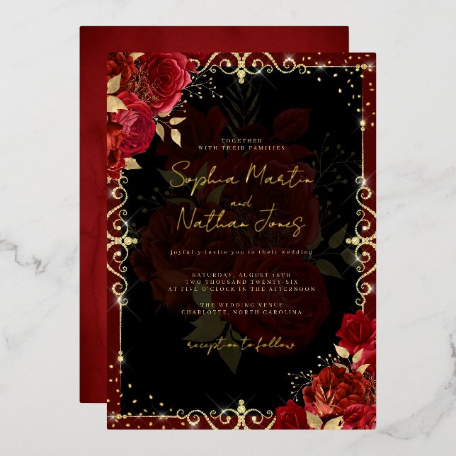Royal Red Gold Rose Wedding  Foil Invitation (Front/Back)