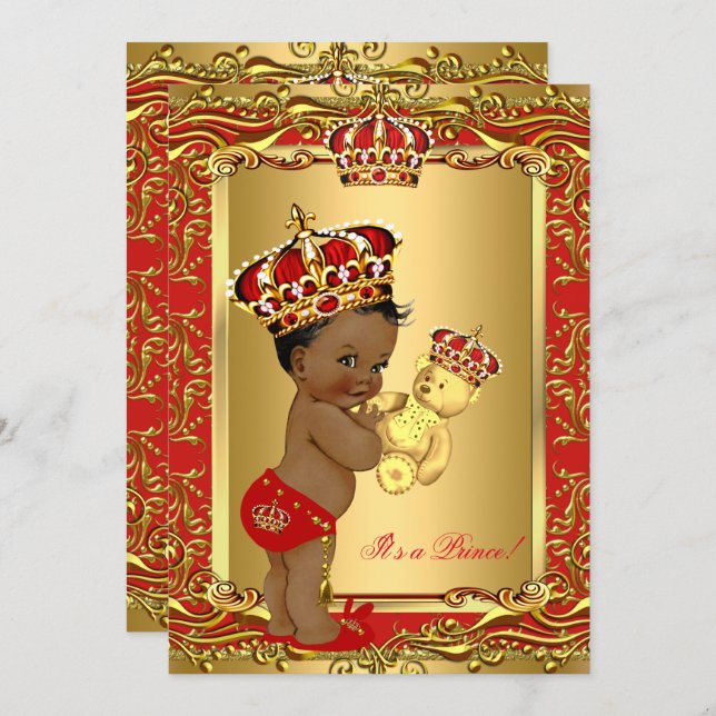 Royal Red Prince Crown Baby Shower Bear Ethnic Invitation (Front/Back)
