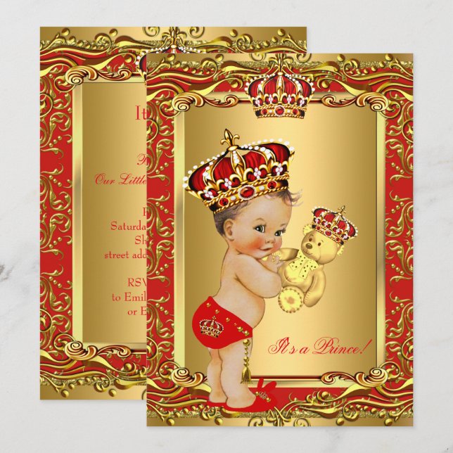Royal Red Prince Crown Baby Shower Bear Invitation (Front/Back)