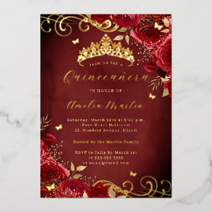 Royal Red Rose Floral Gold Swirl Quinceanera   Foil Invitation