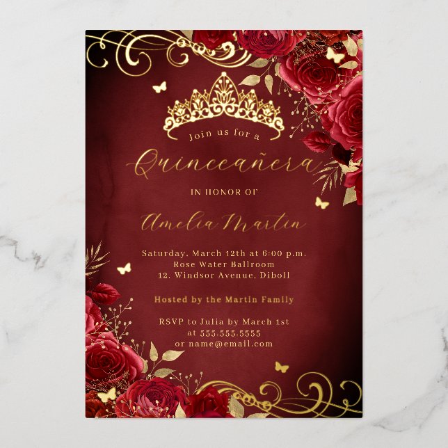 Royal Red Rose Floral Gold Swirl Quinceanera   Foil Invitation (Front)
