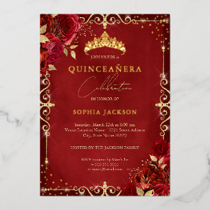 Royal Red Sparkle Gold Rose Quinceanera Foil Invitation