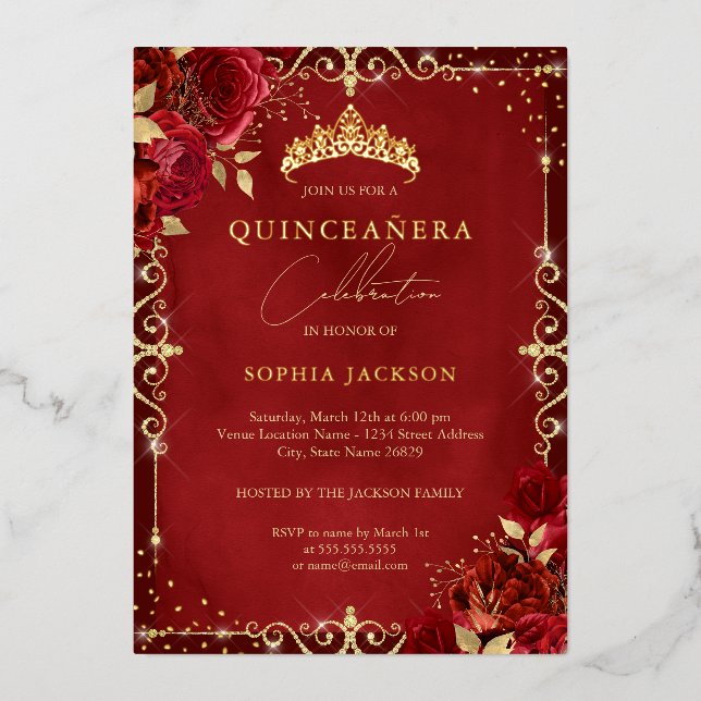 Royal Red Sparkle Gold Rose Quinceanera Foil Invitation (Front)