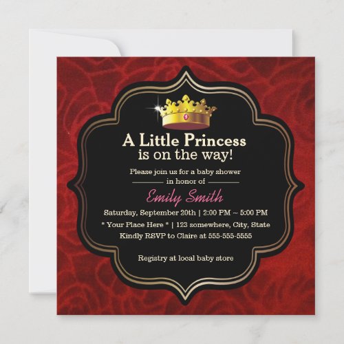 Royal Red Velvet Little Princess Crown Baby Shower 5.25x5.25 Square Paper Invitation ...