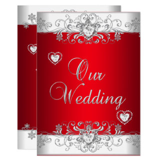 Royal Red Wedding Silver Diamond Hearts Invitation