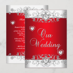 Royal Red Wedding Silver Diamond Hearts Invitation