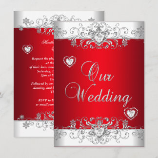 Royal Red Wedding Silver Diamond Hearts Invitation