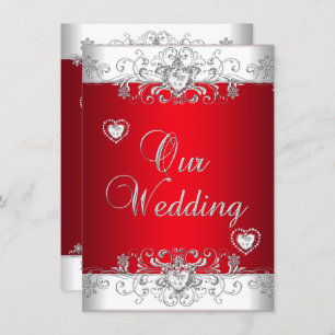 Royal Red Wedding Silver Diamond Hearts Invitation