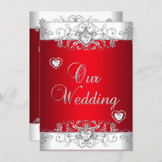 Royal Red Wedding Silver Diamond Hearts Invitation