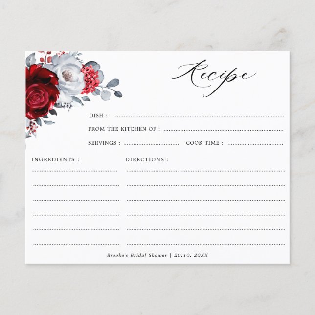 Royal Red White Silver Bridal Shower Recipe card  (Front)