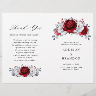 Royal Red White Silver Floral Wedding Program