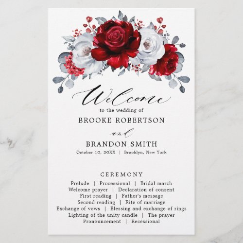 Royal Red White Silver Floral Wedding Program