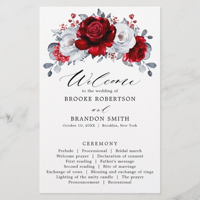 Royal Red White Silver Floral Wedding Program (Front)