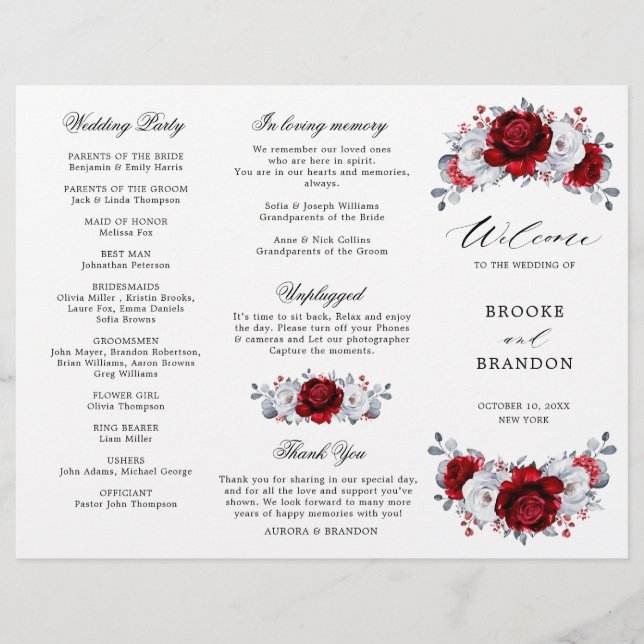 Royal Red White Silver Floral Wedding Program (Front)