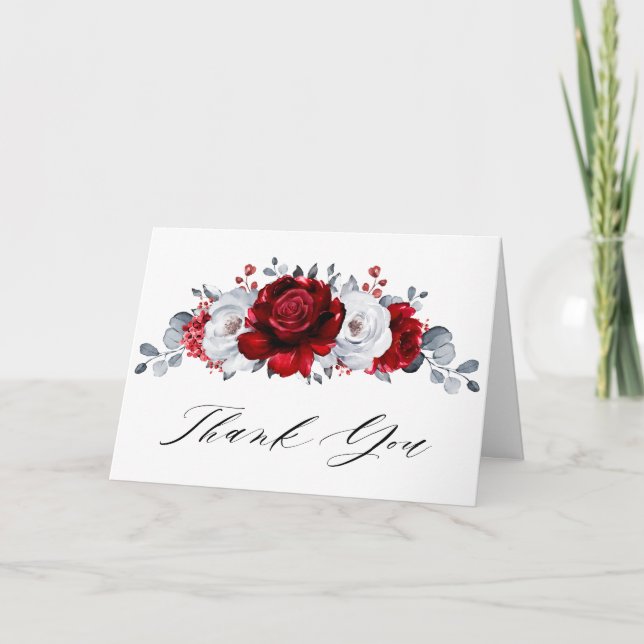 Royal Red White Silver Metallic  Bridal Shower Thank You Card (Front)