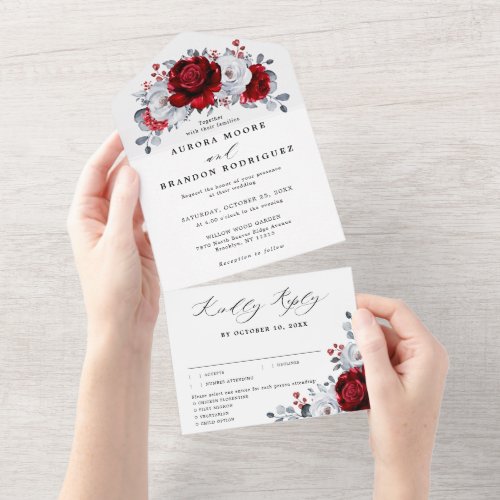 Royal Red White Silver Metallic Floral Wedding All All In One Invitation