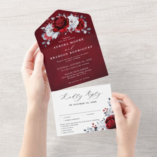 Royal Red White Silver Metallic Floral Wedding All In One Invitation