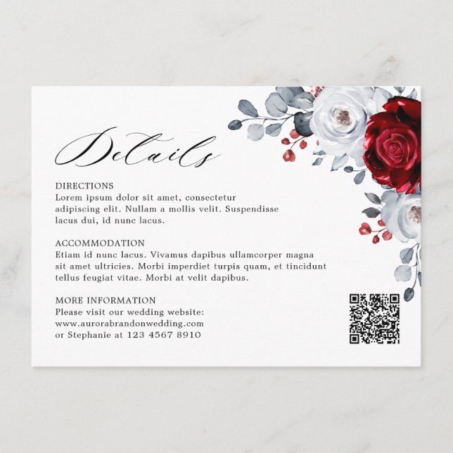 Royal Red White Silver Metallic Floral Wedding  Enclosure Card (Front)