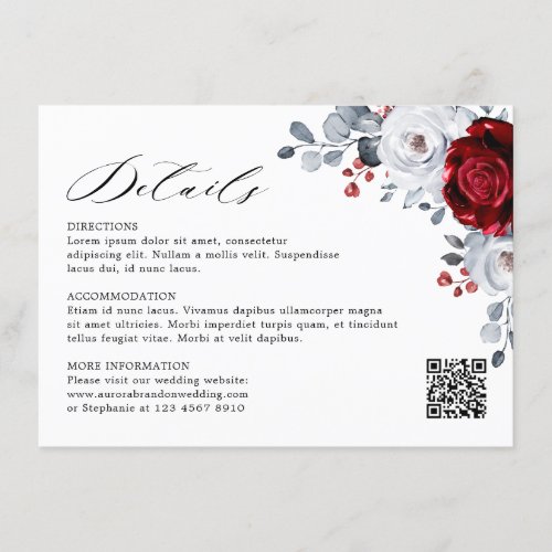 Royal Red White Silver Metallic Floral Wedding  Enclosure Card