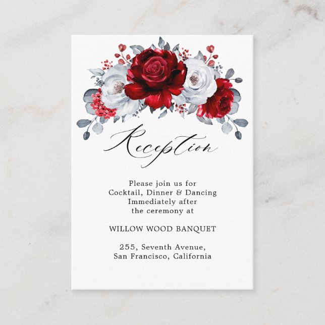 Royal Red White Silver Metallic Floral Wedding Enclosure Card (Front)