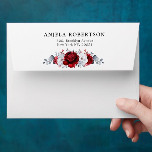 Royal Red White Silver Metallic Floral  Wedding Envelope