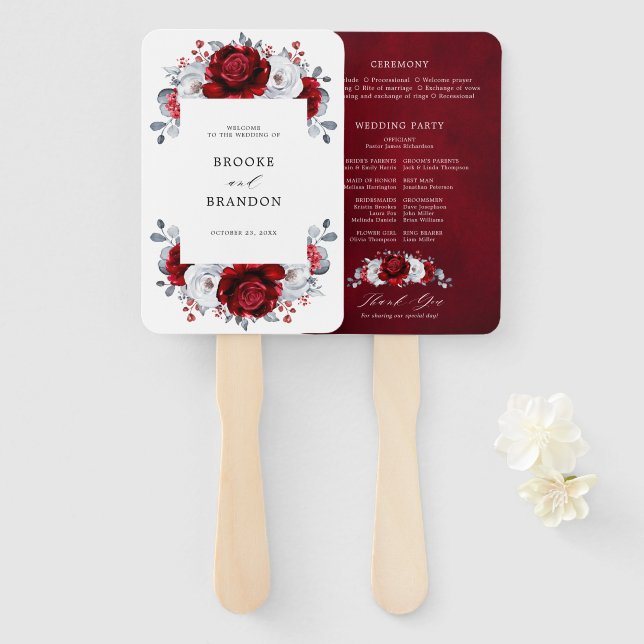 Royal Red White Silver Metallic Floral Wedding Hand Fan (Front and Back)