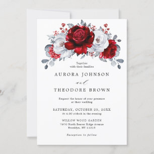 Royal Red White Silver Metallic Floral Wedding Invitation