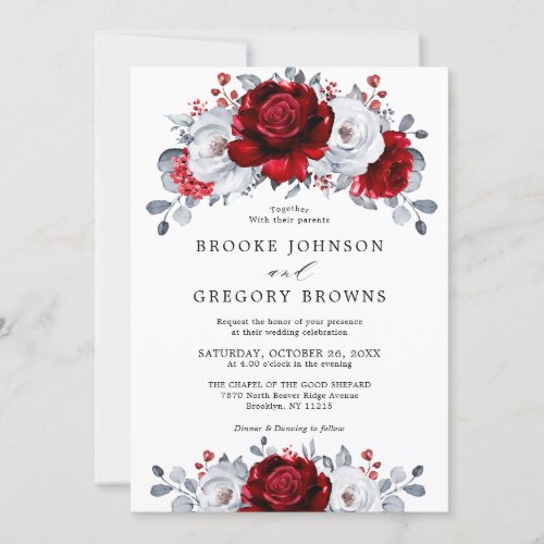 Royal Red White Silver Metallic Floral Wedding Invitation