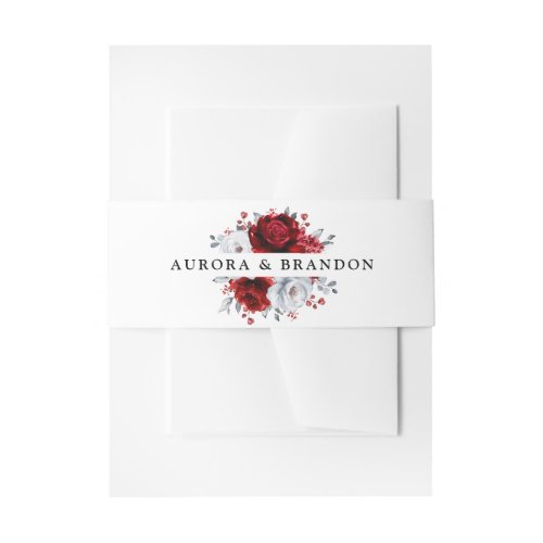 Royal Red White Silver Metallic Floral Wedding Invitation Belly Band