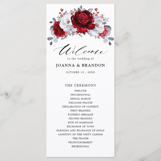 Royal Red White Silver Metallic Floral Wedding Program (Front)