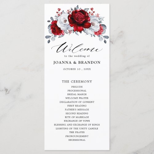 Royal Red White Silver Metallic Floral Wedding Program