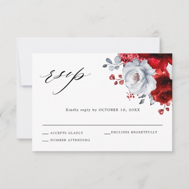 Royal Red White Silver Metallic Floral Wedding RSVP Card (Front)