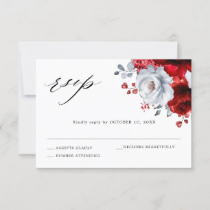 Royal Red White Silver Metallic Floral Wedding RSVP Card
