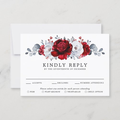 Royal Red White Silver Metallic Floral Wedding RSVP Card