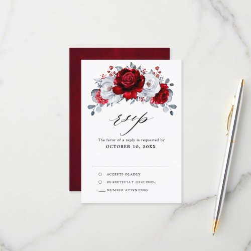 Royal Red White Silver Metallic Floral Wedding RSVP Card