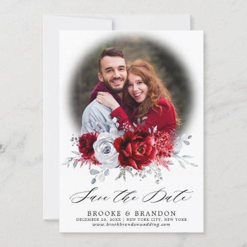 Royal Red White Silver Metallic Floral Wedding Save The Date
