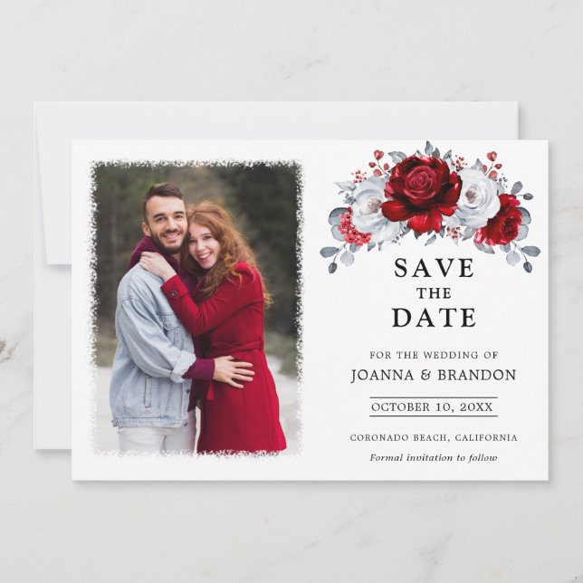 Royal Red White Silver Metallic Floral Wedding Save The Date (Front)
